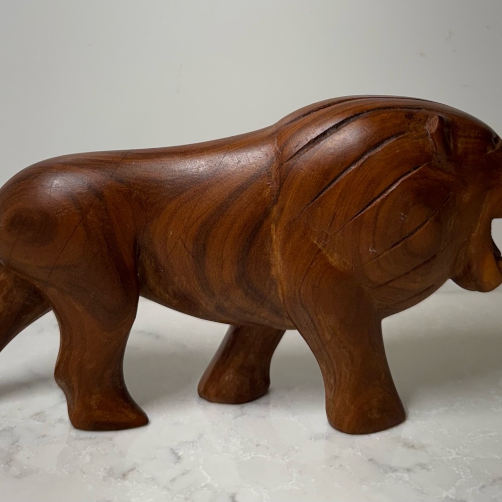 Artisan Carved Wooden Lion Figurine